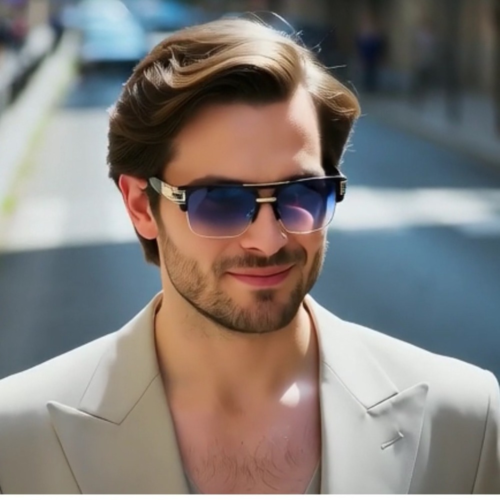 Designer Sunglasses Oversized Square Flat Top Gold Accent Blue Lens Retro Vintag